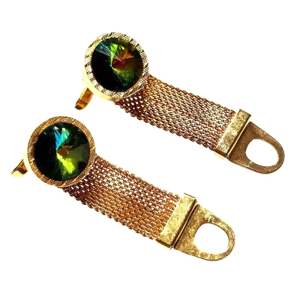 Gold wrap Cufflinks Rivoli style watermelon green & pink stones vintage 1970s